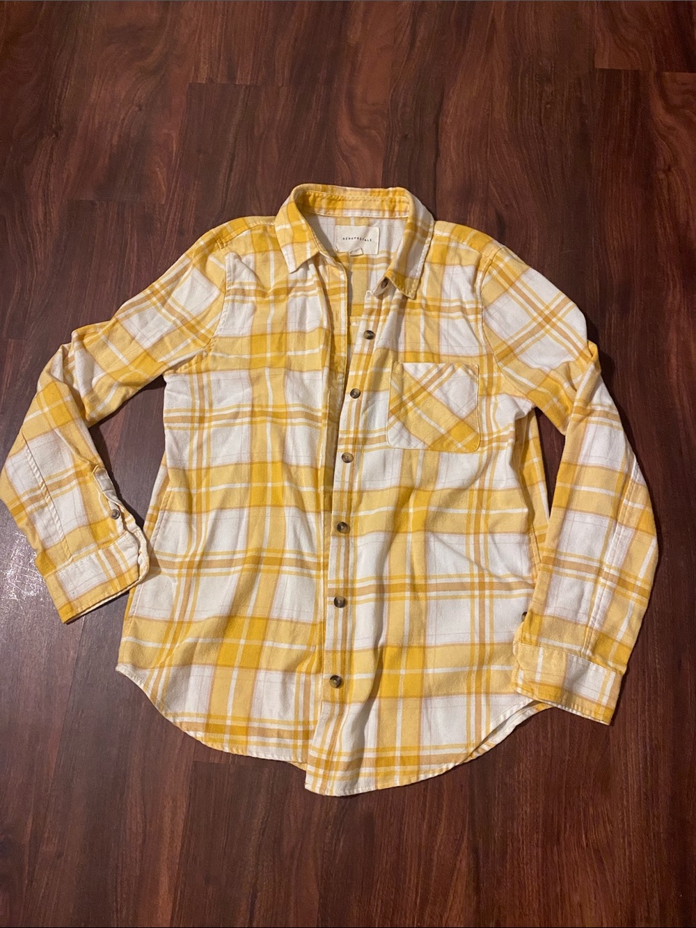 Aeropostale Yellow and White Plaid Button-Down Shirt
